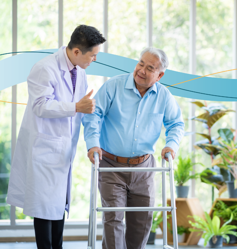 Physician assisting senior man using walker