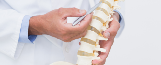 doctor pointing out area of spine using spinal column skeletal model